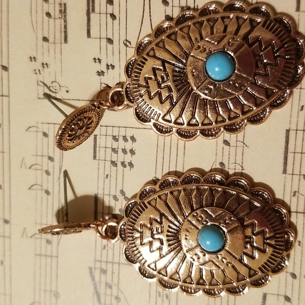 COPPER TURQUOISE CONCHO DANGLE EARRINGS